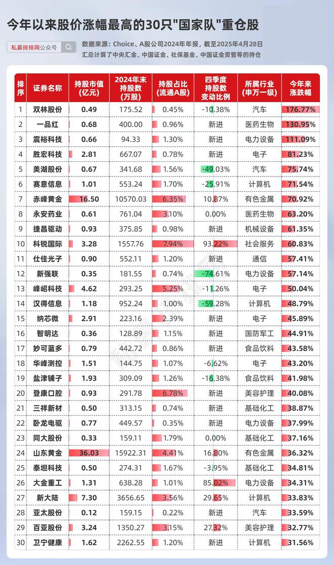 “国家队”2024年末持仓出炉新进的13股年内涨超30%！(图7)