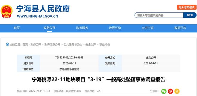 致1名工人死亡宁海县22-11地块项目3·19高坠事故调查报告公布